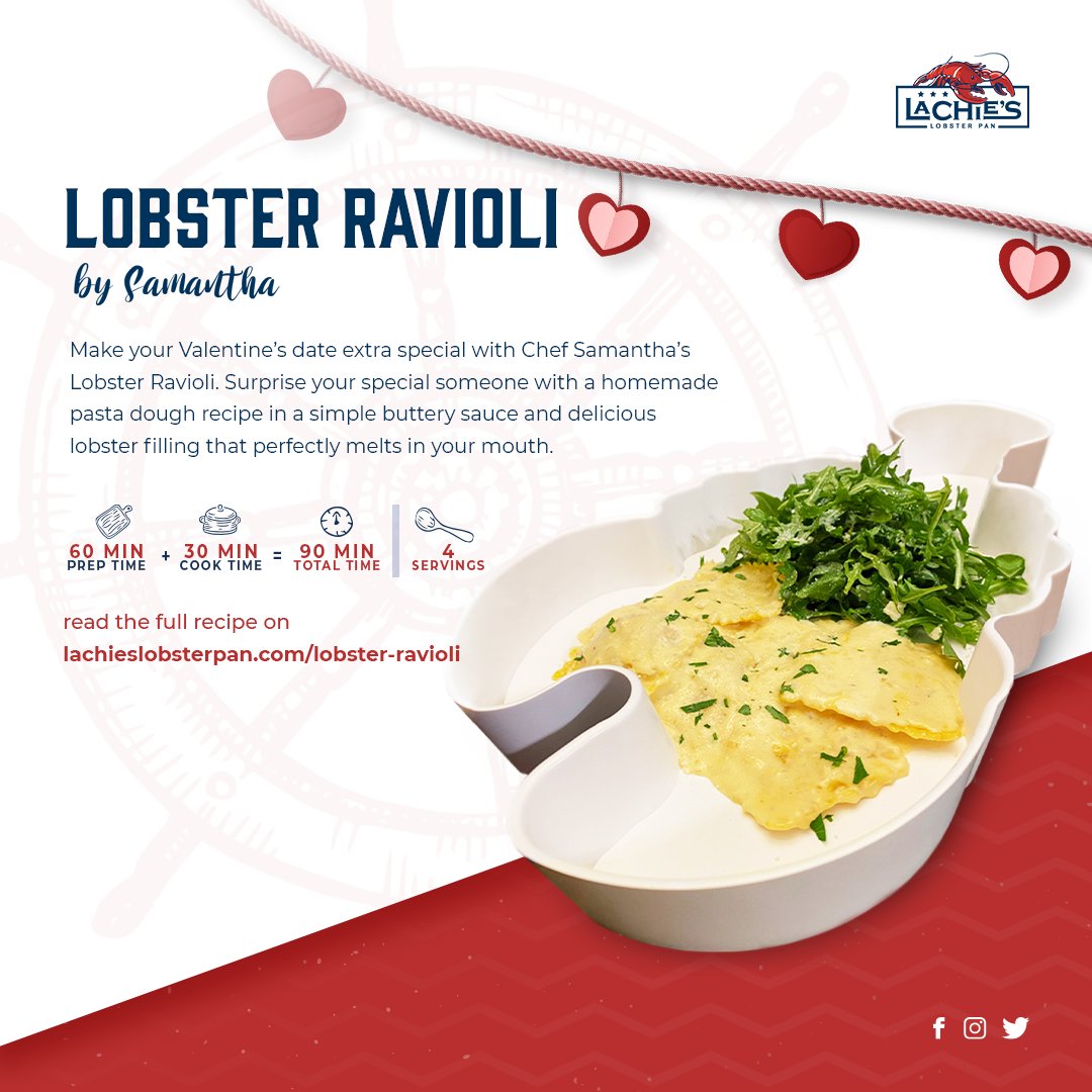 LachiesPan's tweet photo. Make your Valentine’s date extra special with Chef Samantha’s Lobster Ravioli. Surprise your special someone with a homemade pasta recipe.❤️

Learn more at https://t.co/snSHacj3lM

#Lachies #LoveLachies #Valentines #Recipe #Lobster #Ravioli #DinnerDate https://t.co/tSlT1b2HHj