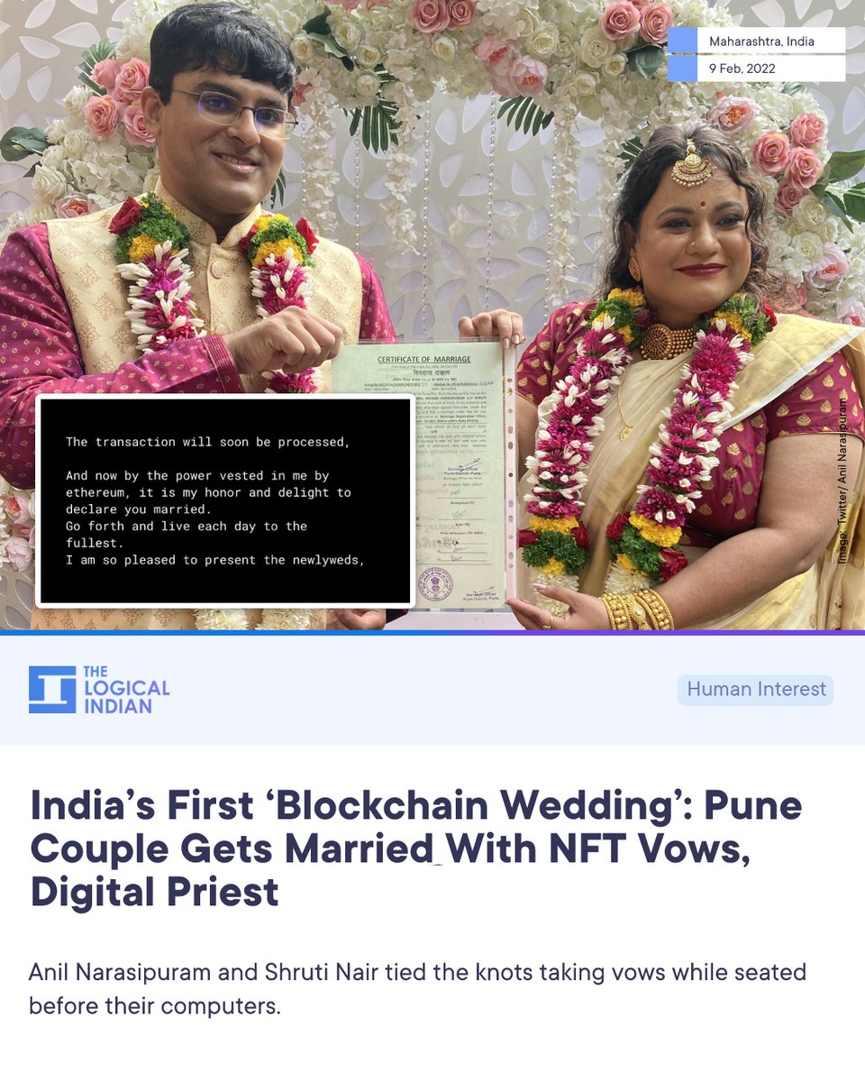 LogicalIndians's tweet photo. #BlockChainWedding: A couple based in Pune went viral after it became the first in India to hold a โblockchain weddingโ, solemnised by a โdigital priestโ.
#OpeanSea #India #Blockchain #NFTVows #DigitalPriest https://t.co/umzSGuC8V5