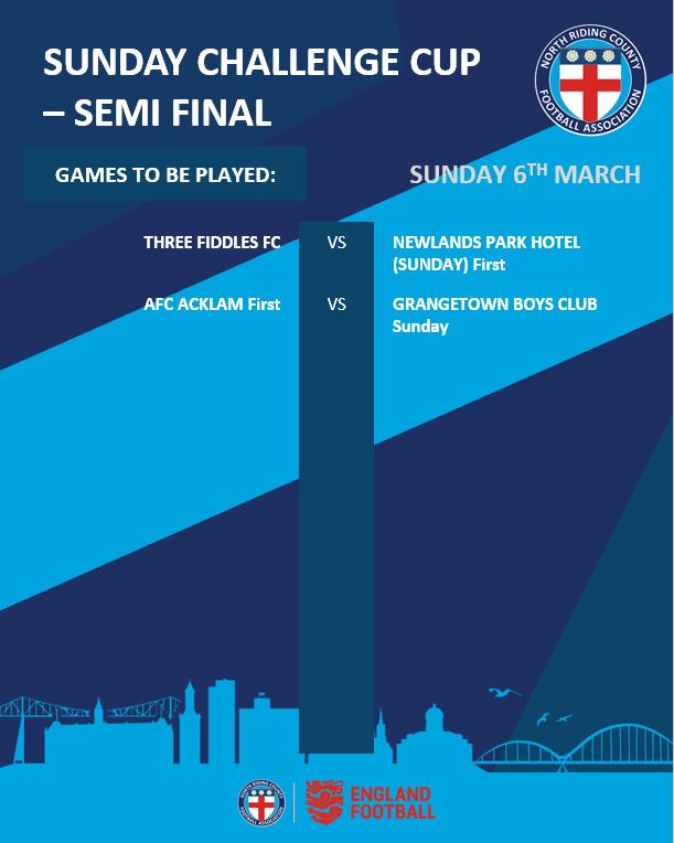 NorthRidingFA's tweet image. Up next we have the Sunday Challenge Cup Semi-Final draw 🏆

@FiddlesThree 🆚 Newlands Park Hotel (Sunday)

AFC Acklam 🆚 @GrangetownT Sunday

Best of luck to all teams!