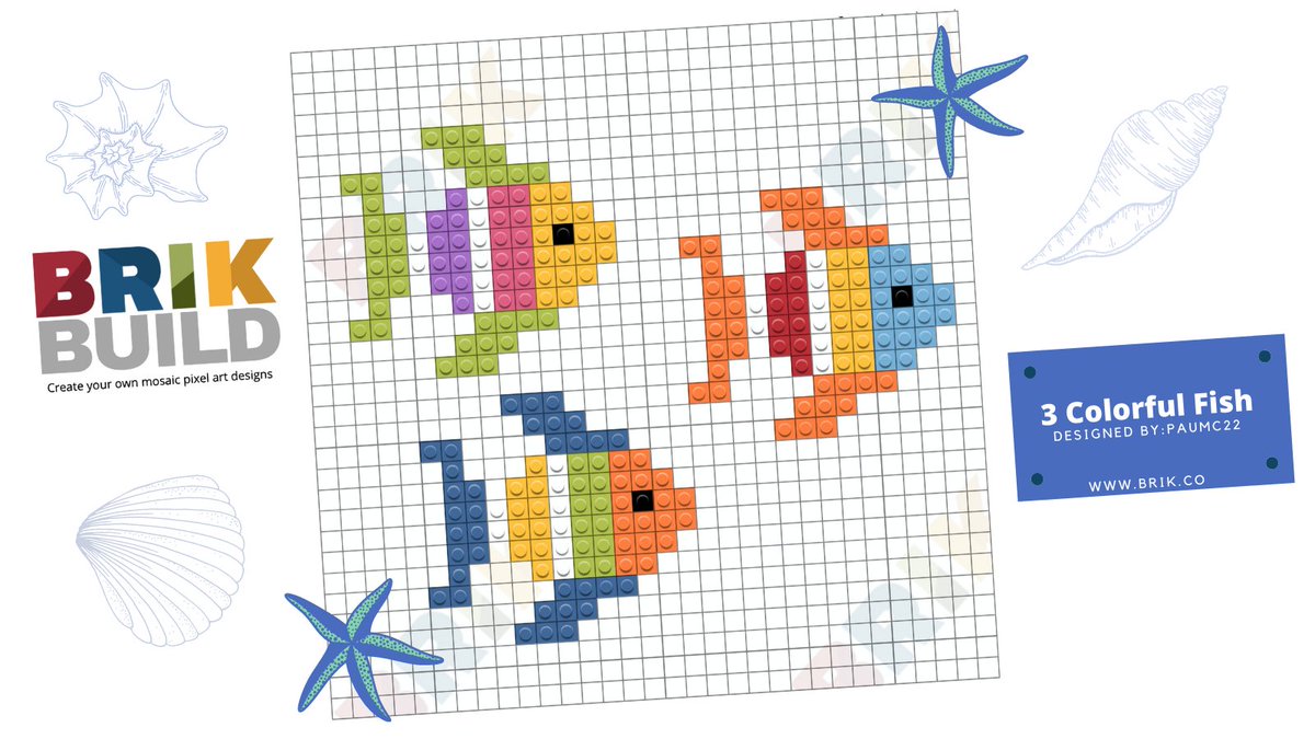 Today's featured mosaic art is of 3 colorful fish,  designed by username: PauMC22. Create your own mosaic using our FREE design builder &amp; submit your art to the "Brik Art Gallery" for a chance to be the featured artist. #brikbuild #fish #lego #pixelart brik.co/blogs/designs/…