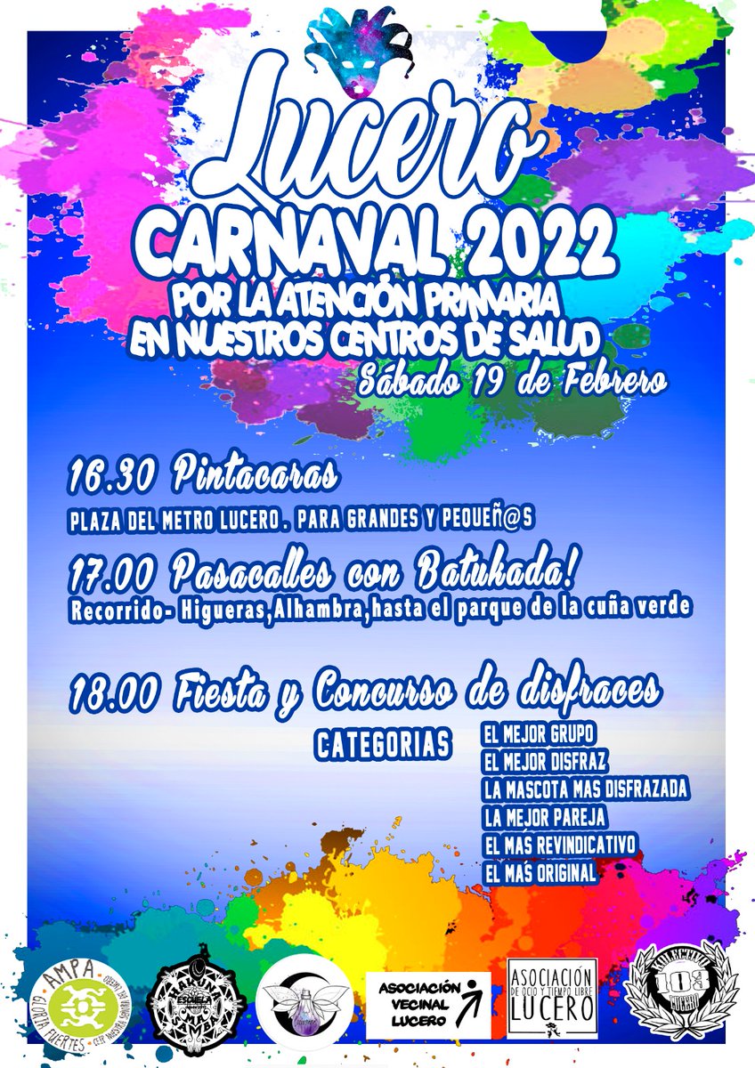 🎊🥳CARNAVAL DE LUCERO

El sábado 19 de febrero nos vemos para seguir construyendo barrio. 

Este año aprovechamos carnaval para reivindicar la Atención Primaria. Nuestros Centros de Salud se encuentran en una situación deteriorada.

Trae tus mejores galas y a pasarlo en grande!