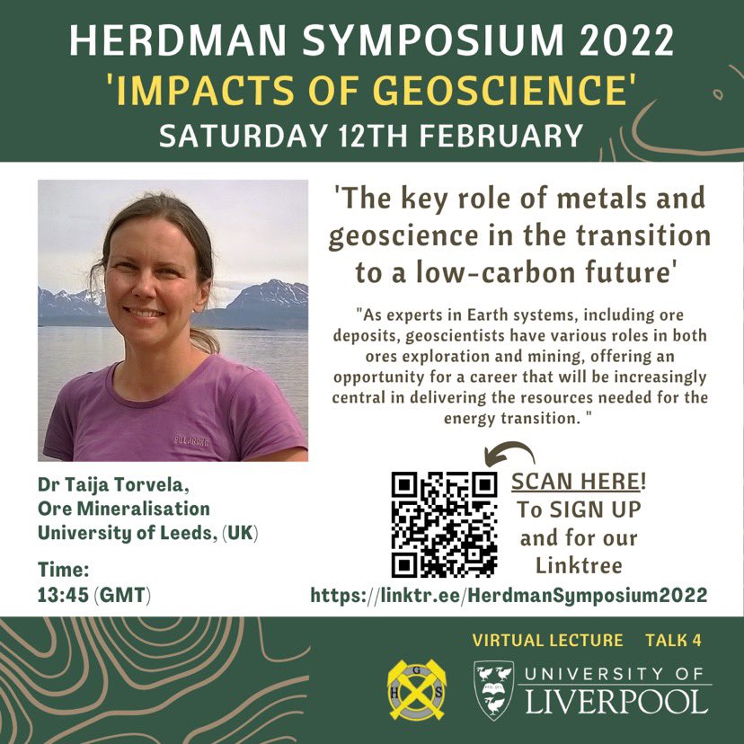 We are happy to announce the fourth speaker at the Herdman Society 2022 is Dr Taija Torvela with the virtual lecture:

‘The key role of metals and geoscience in the transition to a low- carbon future’

#HerdmanSymposium2022
#ImpactsofGeoscience