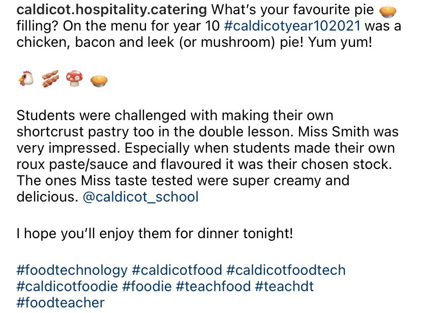What’s your favourite pie filling? On the menu for <a href="/Caldicot_Y10/">Caldicot School Year 10</a> was a chicken, bacon and leek (or mushroom) pie! Yum yum!🐔 🥓 🍄 🥧 Students were challenged with making their own shortcrust pastry too in the double lesson. Miss Smith was very impressed <a href="/Caldicot_Sch/">Caldicot School</a>