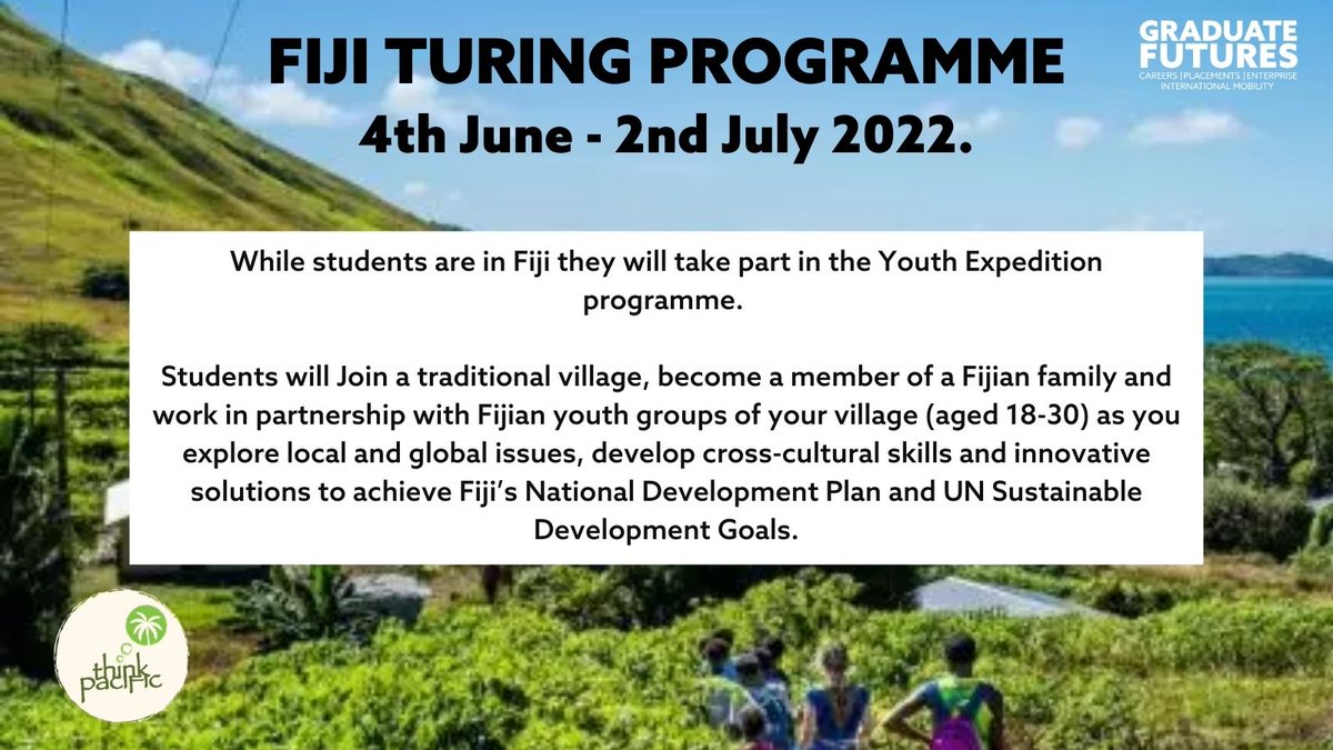 StudyAbroadNU's tweet photo. Calling all @NorthumbriaUni students!
Fully funded Fiji Turing programme applications are back open! Your chance to live in a Fijian community for 4 weeks to help support the governments UN goals.
#studyabroad #nustudyabroad #nustudentsabroad #Turing #Fiji #ThinkPacific https://t.co/BR1KBRqENd