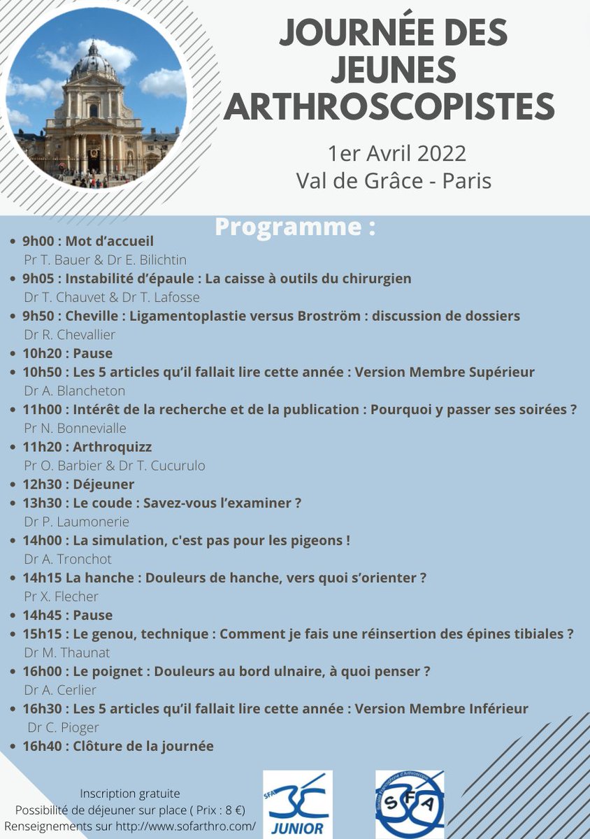 SOFARTHRO's tweet photo. 👏 JJA - le 1er avril 2022 : IL RESTE DES PLACES !!! 👏
Inscriptions sur https://t.co/dAET3fRkEj
#JJA #sofarthro #valdegrace #arthroscopie #programme https://t.co/U1X4LO3tEe