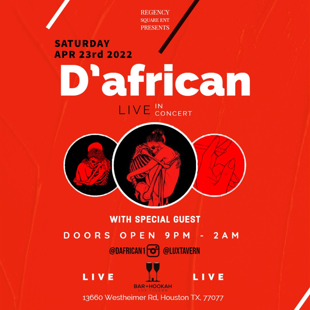 FRIENDS FAMILY SUPPORTERS!!
I’m Excited to announce my FIRST HEADLINING SHOW ever on SATURDAY APRIL 23RD @luxtavern in Houston Tx!! This means everything to me and It's Just the beginning of way bigger things to come! Can’t wait to see you there!!! 
eventbrite.com/e/dafrican-at-…