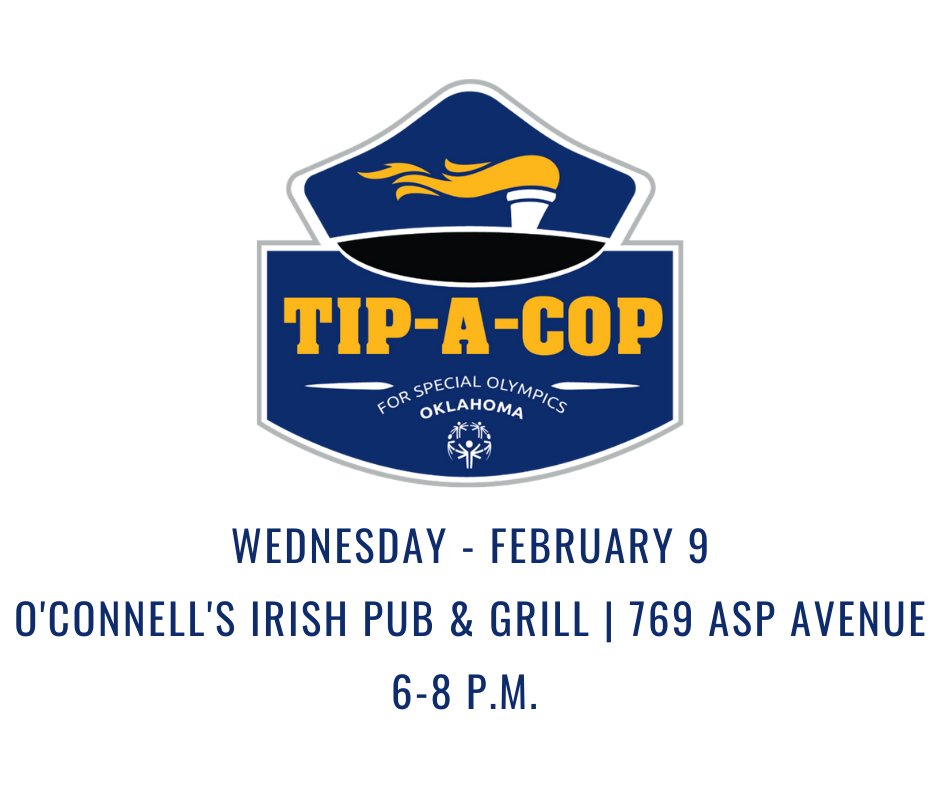 normanokpd's tweet photo. Join us for dinner at O'Connells Irish Pub Wednesday for Tip-A-Cop!
Local law enforcement officers will help serve you food. 100% of the proceeds directly benefit 12,100 Special Olympics Oklahoma athletes. We hope to see you there! #NPDCommunity https://t.co/fX0f3MOsGx