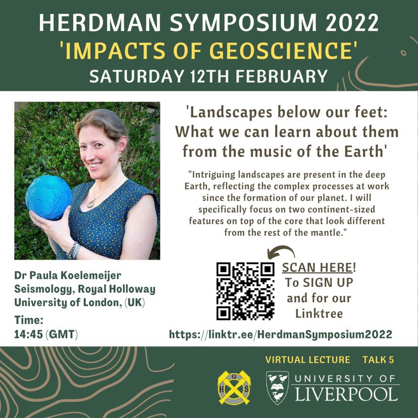 The next speaker at the Herdman Society 2022 is Dr Paula Koelemeijer with the virtual lecture:

‘Landscapes below our feet: What can we learn about them from the music of the Earth’

#HerdmanSymposium2022
#ImpactsofGeoscience