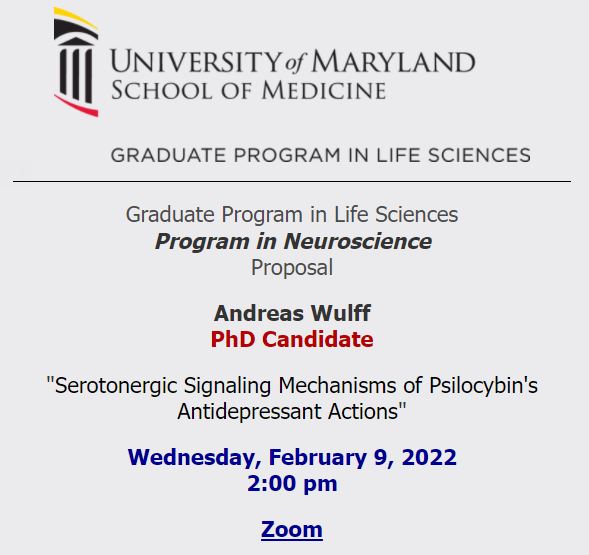 UMMedNeuro's tweet photo. TODAY: PIN PhD candidate Andreas Wulff (@Andreas_B_Wulff) will present his thesis proposal on serotonergic signaling mechanisms underlying psilocybin's antidepressant actions! Tune in via Zoom at 2pm! https://t.co/AUdj6RtF8T