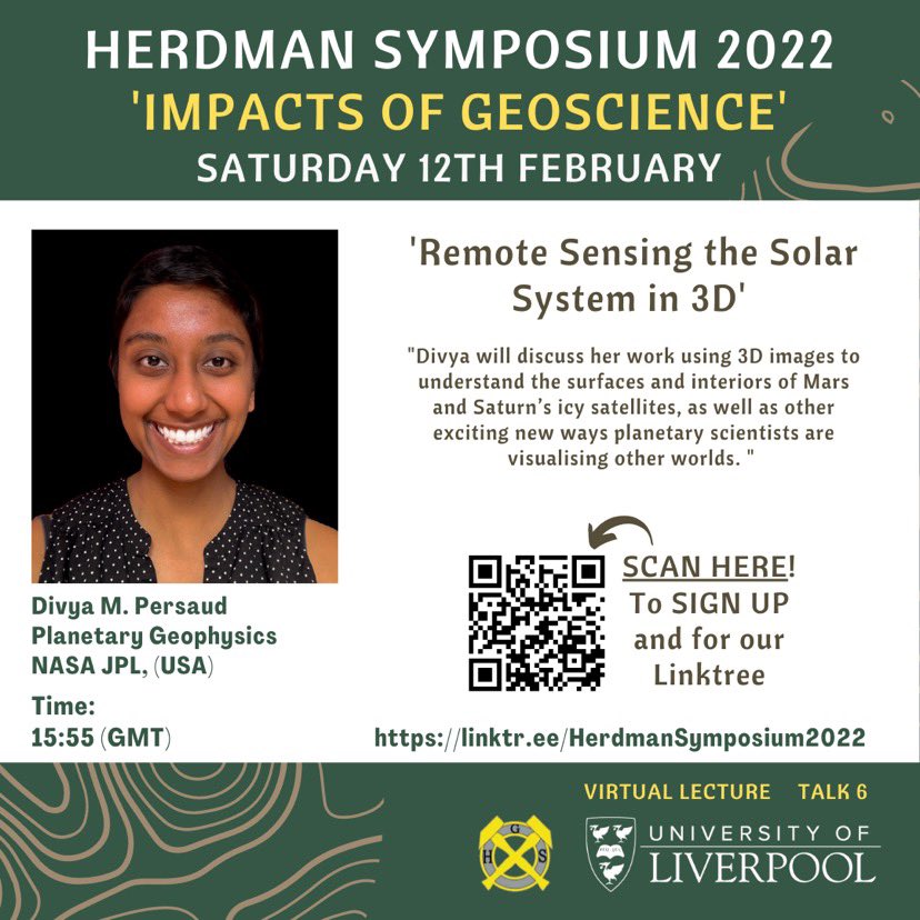 We are happy to announce our final speaker at the Herdman Society 2022 is Divya M. Persaud with the virtual lecture:

‘Remote Sensing the Solar System in 3D’🪐

#HerdmanSymposium2022
#ImpactsofGeoscience