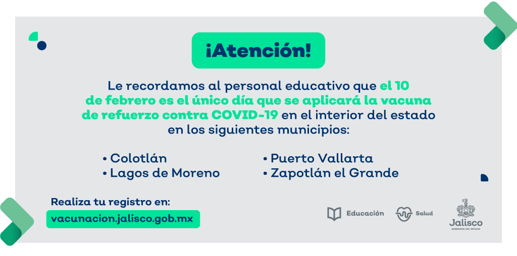 SecEducacionJal's tweet photo. Les compartimos los municipios en donde estaremos llevando a cabo el día de mañana la nueva jornada de vacunación de refuerzo contra el COVID-19, para las y los integrantes de nuestro personal educativo que residen en el interior de la entidad.

 https://t.co/Aovxts9Arv https://t.co/0nG09P8Tyj
