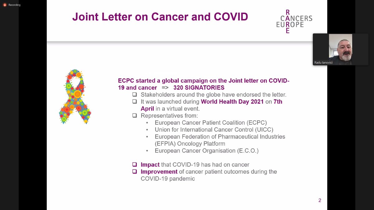 Next up from today's session, Radu Ianovici presents main recommendations from @cancereu letter on #COVID19 &amp; #cancer. The letter calls on policymakers to ensure pts get diagnosis &amp; tx in a safe manner, &amp; is signed by 320 organisations.
👉ow.ly/ZNt450HGejM
#covid19ncancer