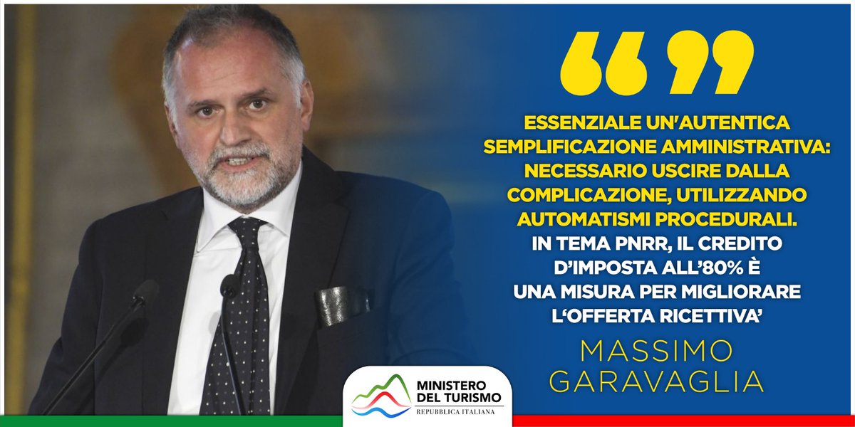 Il Ministro <a href="/massimogara/">Massimo Garavaglia</a> in audizione <a href="/Montecitorio/">Camera dei deputati</a>:  "Essenziale una autentica semplificazione amministrativa. In tema #Pnrr, il credito d’imposta all’80% misura per migliorare offerta ricettiva" 
➡️ministeroturismo.gov.it/turismo-il-min…