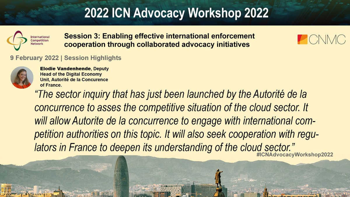 Highlights|<a href="/EVandenhende/">Elodie Vandenhende</a> indicated that the current sector inquiry on the #cloud sector will allow <a href="/Adlc_/">Autorité de la Concurrence</a> to engage with international competition authorities on this topic. <a href="/Adlc_/">Autorité de la Concurrence</a> will also seek cooperation w/ regulators in France to deepen its understanding of the #cloud sector