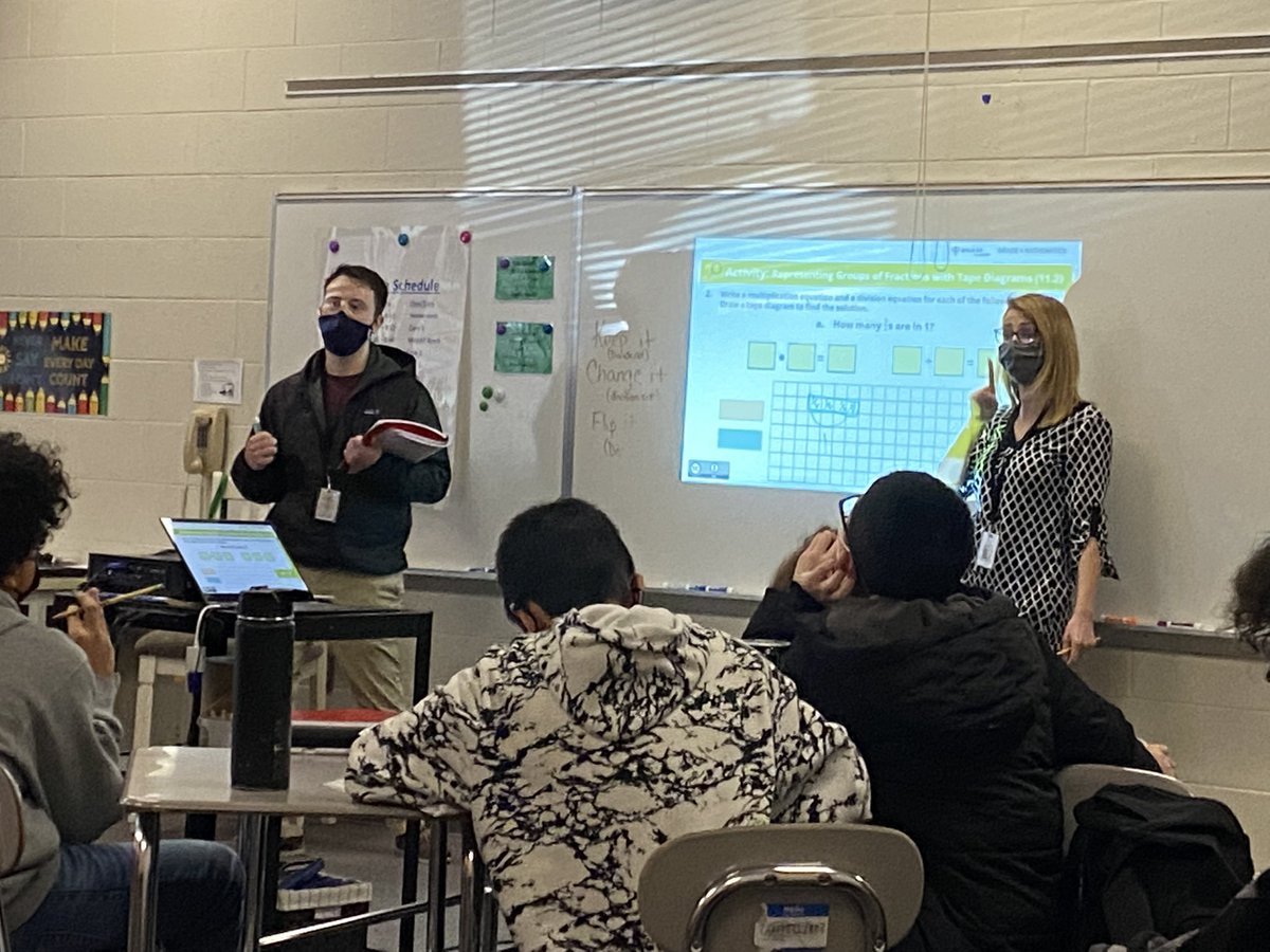 shandua_ellis's tweet photo. Rostkowski &amp; Murphy make a great co-teaching team as they assist their 6th graders today in learning how to use tape diagrams to identify how many fractions they can get out of a whole number.  @eastcarymiddle #teamworkmakestheteamwork https://t.co/LZPwVfwybn