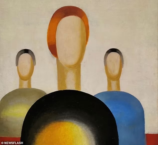 On his first day on the job, a security guard drew two pairs of eyes with a ballpoint pen onto artist Anna Leporskaya's 'Three Figures' painting (pictured) during an abstract art exhibition in Yekaterinburg, western Russia