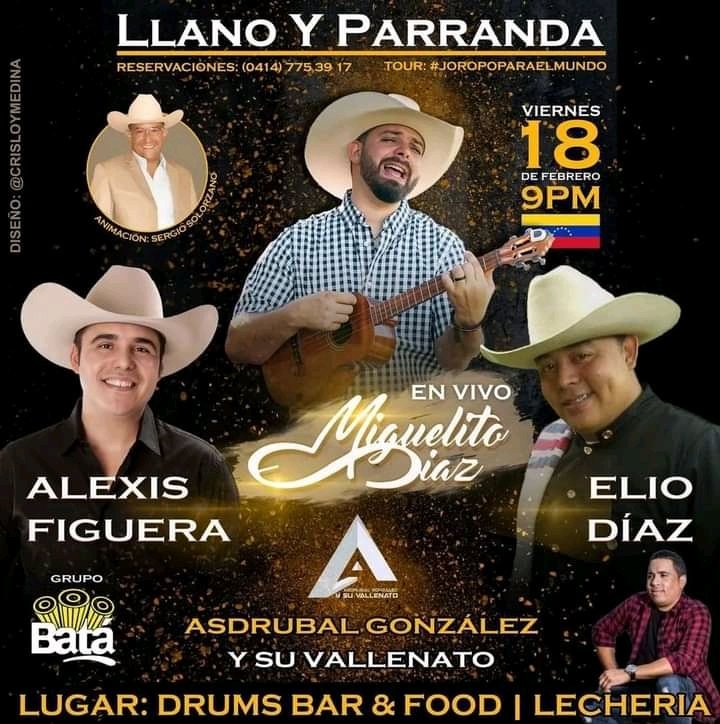 🇻🇪➡️ Parrando Llanero en la población de Lechería Edo. Anzoátegui. Próximo viernes 18 de Febrero. <a href="/cantaclarito/">Alexis Figuera</a> <a href="/MiguelitoDiazE/">Miguelito Díaz</a> 
#MusicaLlanera 
#JoropoLlanero