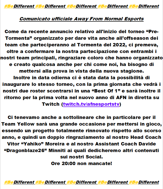⏰20:00 CET twitch.tv/afnesportstv
⚔️AFN Black vs AFN Yellow 
🗓️Pre-Tormenta

AFN Yellow Lineup 🔔
Top : @lolPesE
Jng  : <a href="/Bananiastyyy/">Bananiasty</a> 
Mid : <a href="/AlessandroNuca/">Nuks</a> 
Adc : <a href="/PecoraInside/">Pecora</a> 
Sup : <a href="/itSir01/">Angelo 'itSir' Trussardi</a> 

Head Coach : <a href="/YahikooLoL/">Vitor Moreira</a> 
Assistant Coach : @dragonblaze26 

#BeDifferent 💛🖤