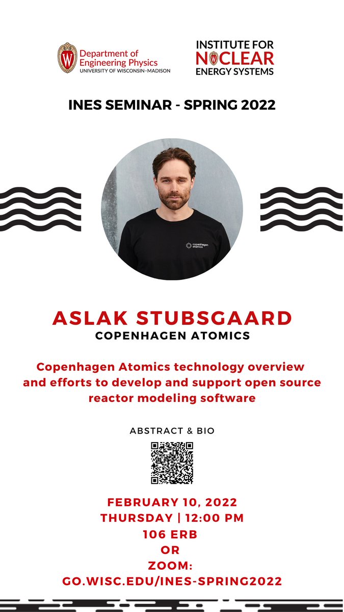 UWMadisonNEEP's tweet photo. Join us tomorrow, 2/10, at Noon in 106 ERB for this week's @uw_ines seminar "Copenhagen Atomics Technology Overview and Efforts to Develop and Support Open Source Reactor Modeling Software" by CTO &amp; Co-Founder Aslak Stubsgaard: https://t.co/Y5sF4rPz8a https://t.co/sgzUtmWH8q
