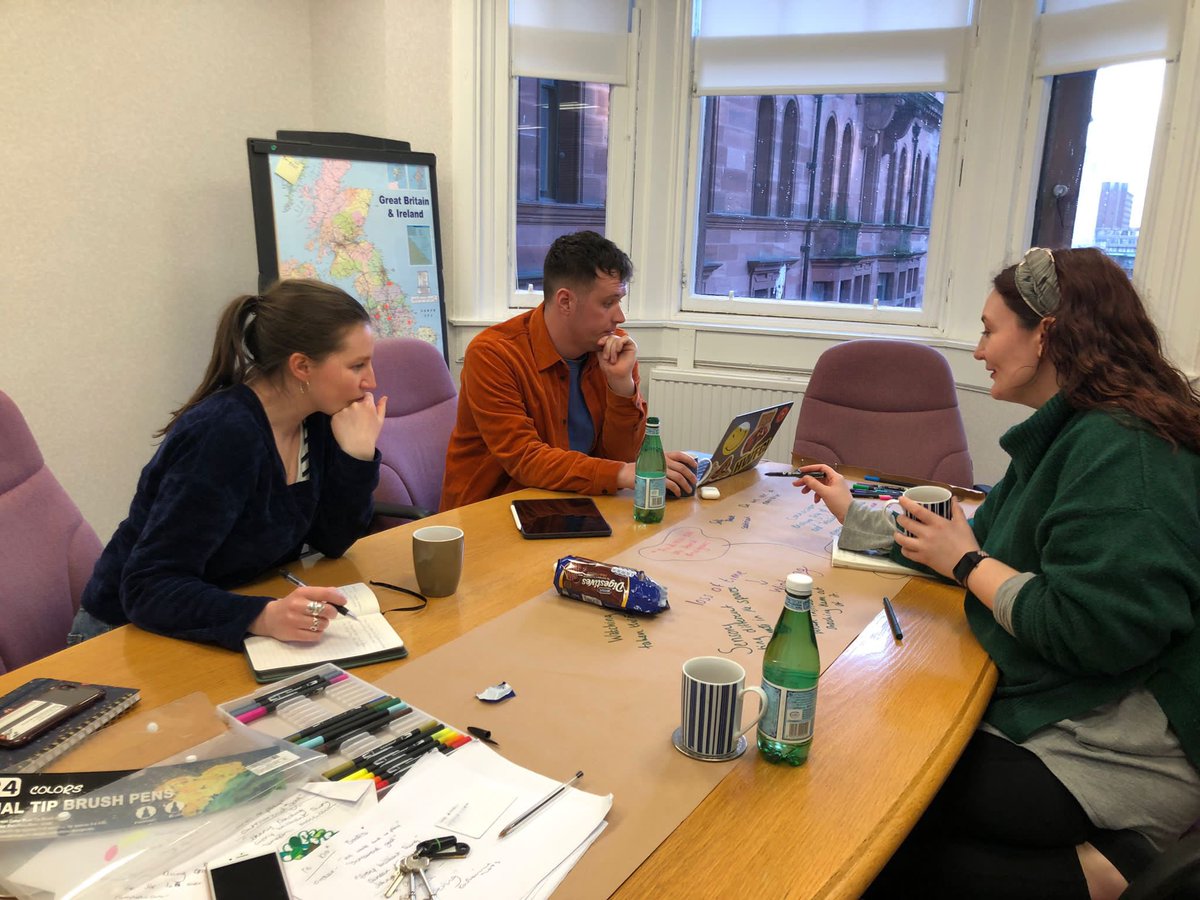 GaietyCL's tweet photo. Our Dementia Friendly Theatre development team are hard at work today! 

Artists @LydiaDavidson &amp; @shonaghmusic are alongside creative engagement’s @robbiedgordon and @JasmineM889  bouncing ideas, biscuits and scrolls. https://t.co/qiX0LZtIfF