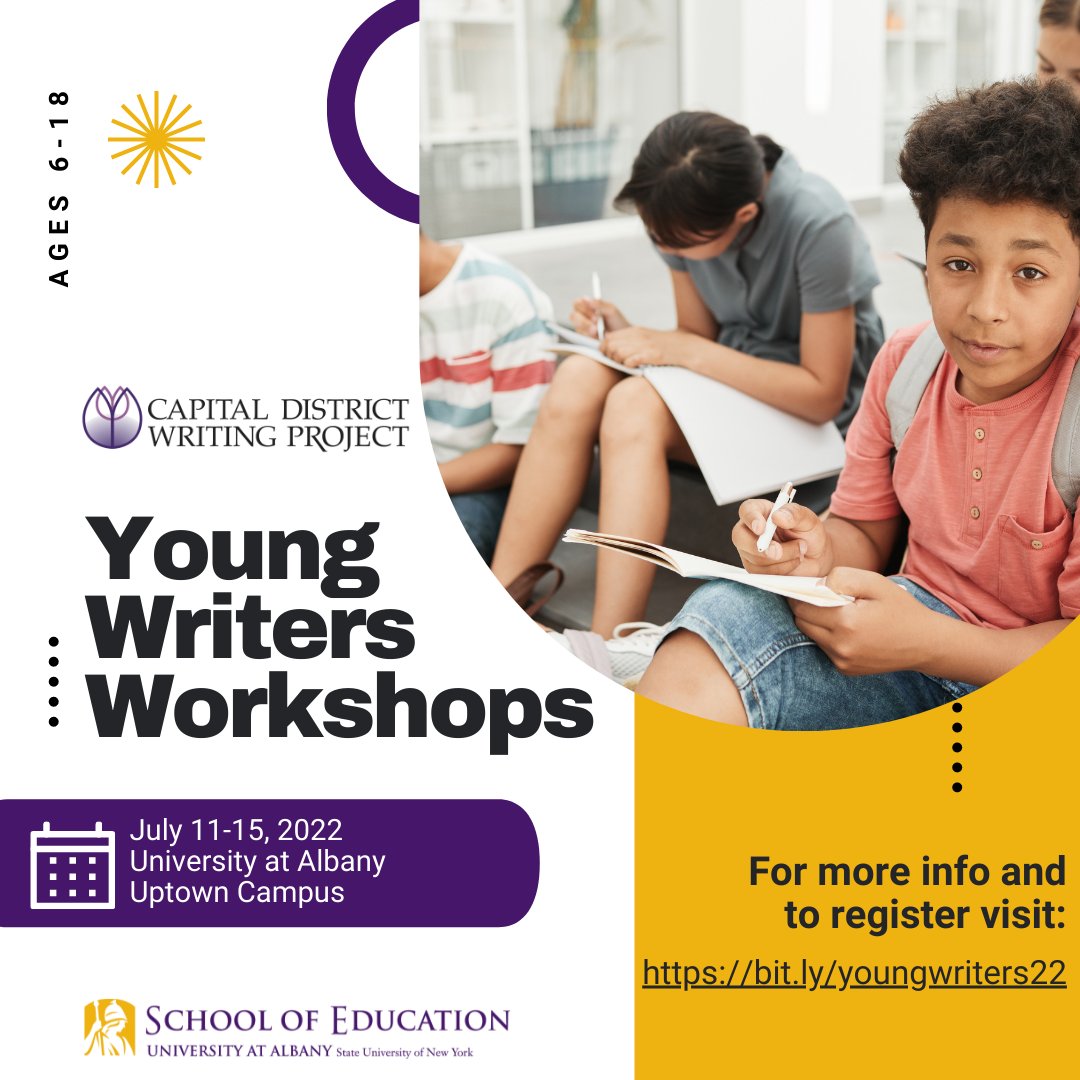 UAlbanyEdu's tweet photo. Registration is open for the Summer 2022 Young Writers Workshops with the @CapDistWP! New this year: a full day workshop in partnership with @nyswi. For full details and to register visit https://t.co/GehzagoSKZ https://t.co/NhYpcH2TOZ