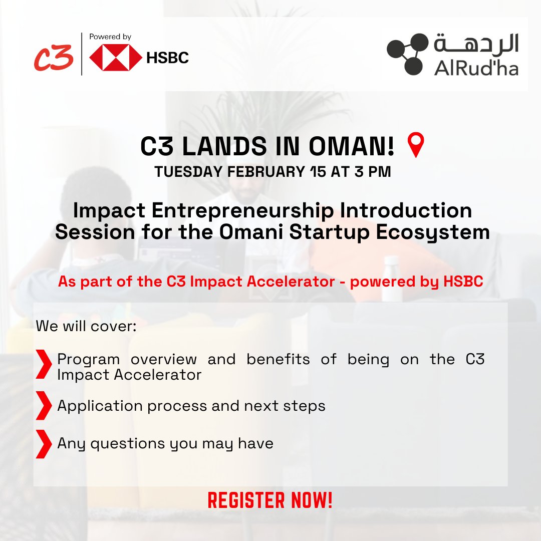 LuxuryXrAxa's tweet photo. Ready to accelerate your startup? Join us on Tuesday, February 15th, at 3pm at Al Rud’ha where the C3 team will be hosting a workshop on the “Impact your Business Can Create in the World”.

To join:
https://t.co/BfNea9fc9J
#WeGrowWithC3 #TogetherWeThrive #C3ImpactAccelerator https://t.co/XltSVrytYZ