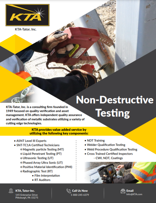 Learn More ---> kta.com/non-destructiv…
KTA offers independent quality assurance and verification of metallic substrates using cutting edge technologies including Magnetic Particle Testing (MT), Ultrasonic Testing (UT), Liquid Penetrant Testing (PT) and Radiographic Testing (RT).