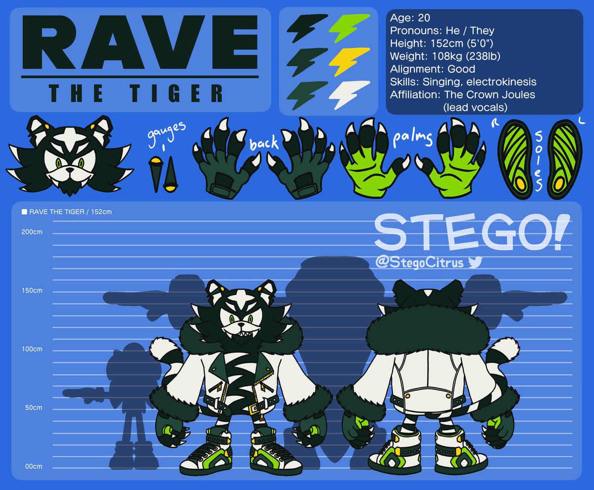 StegoCitrus's tweet photo. Setting the stage is my very own Sonic OC, Rave the Tiger! He's the lead singer for the popular rock band, the Crown Joules! He may have a rough exterior, but he's always willing to get his hands dirty with his electrokinesis to help others. #SonicTheHedgehog #SonicOC https://t.co/G0wzaetU1o