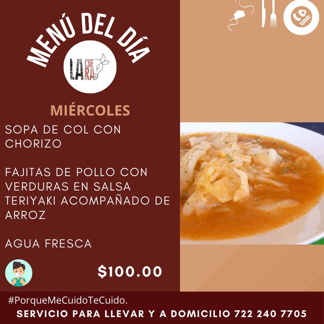 MENÚ DEL DÍA | MIÉRCOLES 👨🏻‍🍳

Buenos días! ☀️ 
¡Haz tu pedido por aquí! 👇
📲 goo.gl/qLdyDk 

🛵 Envíos a domicilio (pregunta por nuestra cobertura)
📍 Calle 3s, Parque Industrial Toluca 2000, Toluca Edo de México. 
.
.
.

#LaCueraFoodtruck
#CocinaTamaulipeca 
#menúdia