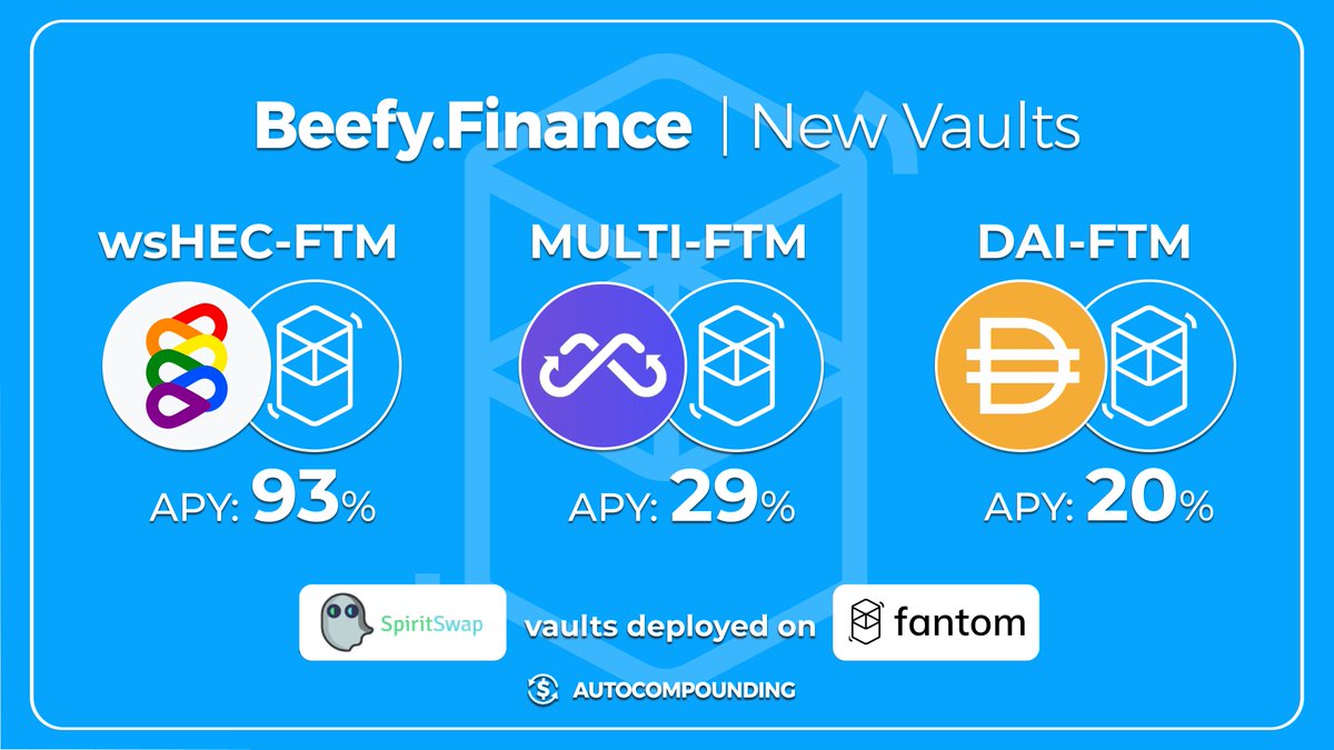 beefyfinance's tweet photo. We have added new #FTM LPs from our friends @Spirit_Swap. 

👻 $wsHEC - $FTM: 93% APY

👻 $MULTI - $FTM: 29% APY

👻 $DAI - $FTM: 20% APY

https://t.co/WtftRecBCg

@HectorDAO_HEC #HectorBank @MultichainOrg @MakerDAO https://t.co/lwz9SSXFQp