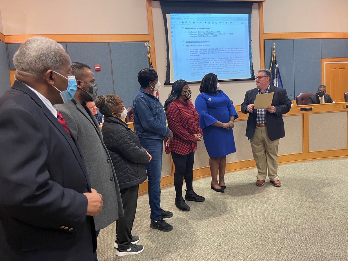 GooseCreekSC's tweet photo. Mayor Habib was joined by members of the @GooseCreekNAACP last night as he officially proclaimed February as #BlackHistoryMonth in the City. In addition, the Mayor proclaimed Feb. 12 #NAACPDay, and Feb. 7 National Black HIV/AIDS Awareness Day. #creekrising https://t.co/k1vrzPRWGI