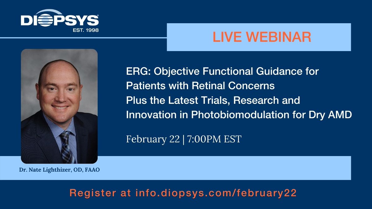 DiopsysInc's tweet photo. Reserve your spot today for our upcoming webinar! Join Dr. Nathan Lighthizer as he discusses ERG: Functional Guidance for Retinal Concerns Plus the Latest Trials, Research and Innovation in Photobiomodulation for Dry #AMD. Register at https://t.co/QW194SqUDv https://t.co/yKHMhLFYJv
