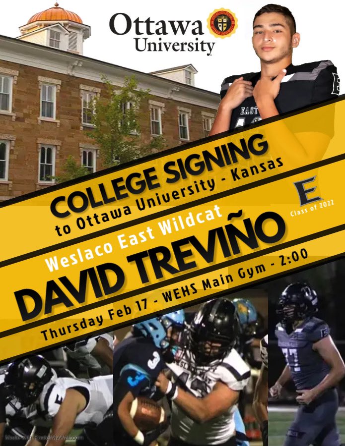 Senior Offensive-Lineman, David Treviño, will be signing his Letter of Intent to Ottawa University on Thursday, February 17th at 2PM.