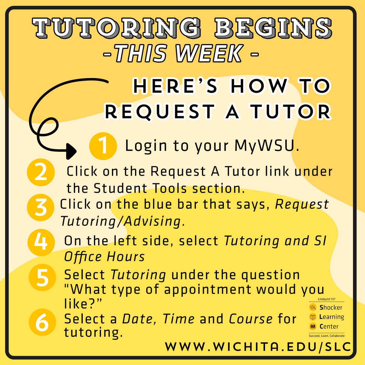 ShockerCenter's tweet image. Sometimes we all need a little extra help💛. Starting this week you can request a tutor for a specific subject right from your computer!🖥️ Here's how to do it 👇
#WichitaState #StudentSucess #Tutoring #Learn2LoveLearning #SLC