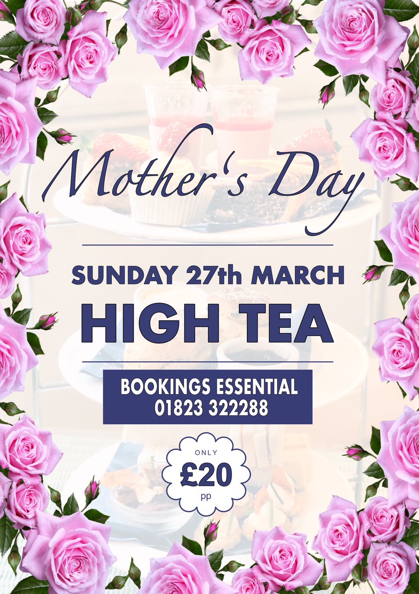 Treat your Mum to our special High Tea this Mothers Day.
- 
Only £20 per person. 
-
Booking is essential so call now on 
01823 322288 to secure your table.