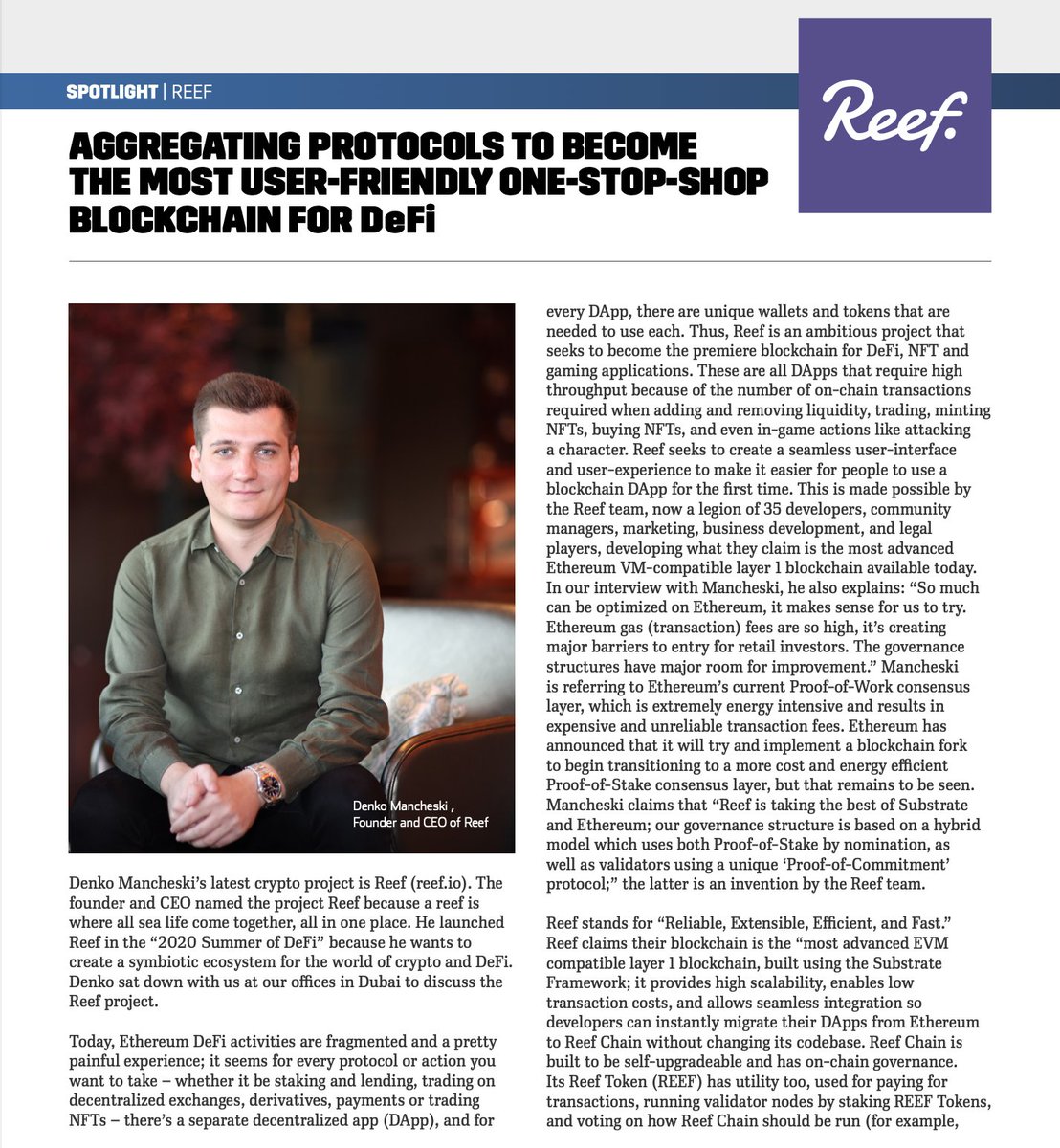 Reef_Chain's tweet photo. Reef 🐠 CEO @denkomancheski featured in Entrepreneur Middle East magazine!

Read the intro 👉 https://t.co/xINWYTjgvR

Access the full magazine with Denko’s interview 👉 https://t.co/wcBDyxGSX4 https://t.co/r1HdzoXERB