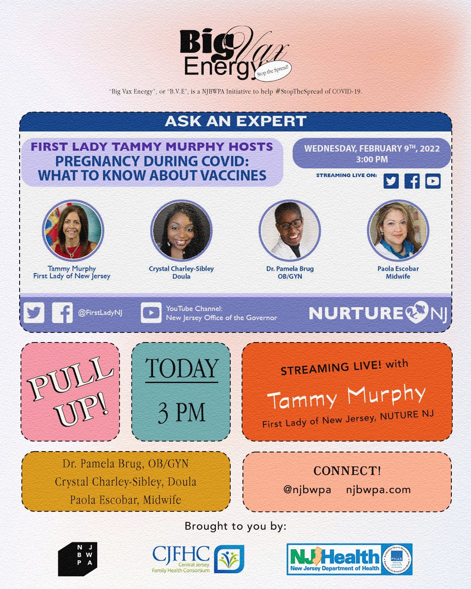 njbwpa's tweet photo. ⏰ LIVE at 3 PM with #NurtureNJ "Ask an Expert"!

⚡Tune In:
FB &amp; TW: @FirstLadyNJ
YT: https://t.co/eKsuXtGuSW

🤱🏽Join our founder Dr. Brug with @FirstLadyNJ @MelanMotherhood &amp; @holisticobgyn !

💕Together we can!

#ConnectServeSupport #StopTheSpread #BigVaxEnergy ⁠#ELCGrant https://t.co/8kqhZTtl9x
