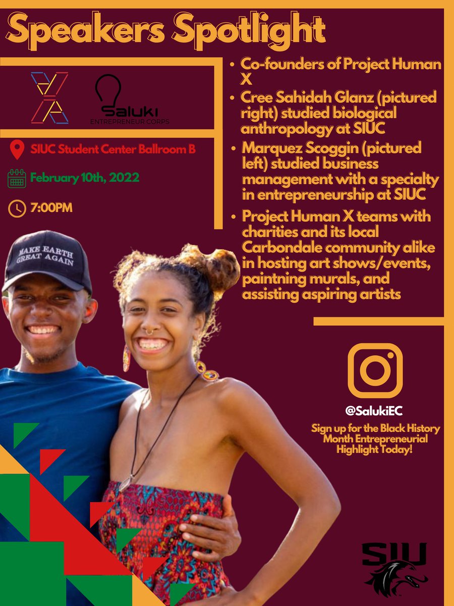 SalukiEC's tweet photo. Tomorrow, Cree Sahidah Glanz (pictured right) and Marquez Scoggin (pictured left) will be joining us at the SIUC Student Center in Ballroom B to tell the story and mission behind Project Human X. Order FREE tickets now through the link! https://t.co/TFfBOAdoDh https://t.co/EzMeZdnnH5