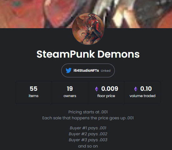 🎁✅ #NFTGiveaway ✅🎁
Bcuz of the insane success of SPD &amp; SWA
I have decided to do a DEMON's giveaway.
in 48 hrs i will pick 1 winner to receive random 
SteamPunk Demon #NFT - This is a HUGE W
opensea.io/collection/spd…
✅ 3 tags = 1 entry (20 max)
✅ Follow <a href="/i64StudioNFTs/">64World | OSG 🎒</a> 
✅ RT🚀
