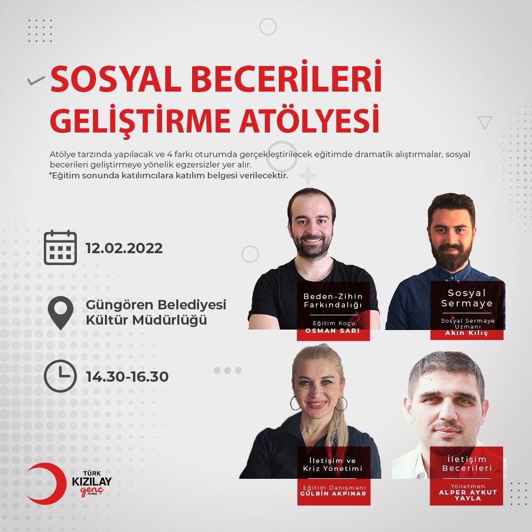 Genç Kızılay İstanbul olarak düzenlemiş olduğumuz Sosyal Becerileri Geliştirme Atölyesi’ne sizleri de bekliyoruz 🌙
#iyigeleceksin