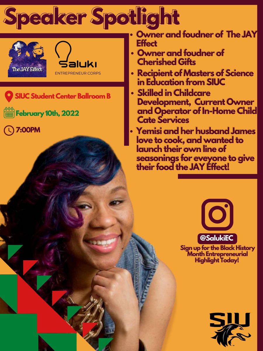 SalukiEC's tweet photo. Tomorrow, Yemisi Anderson (pictured below) will be joining us to speak on the creation of her and her husband James's seasoning line, otherwise known as the JAY Effect! Order FREE tickets now through the link provided https://t.co/TFfBOAdoDh https://t.co/eAg8fmNfL4