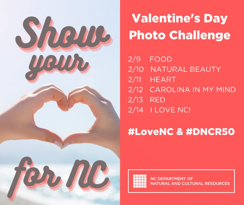 Do you love North Carolina? Do you like to take photos? Then come on over and share the love in our Valentine's Day Photo Challenge! Take a photo based on the prompt and post it to Facebook, twitter or Instagram using the hashtag #LoveNC More info: bit.ly/3LhJR53 #DNCR50