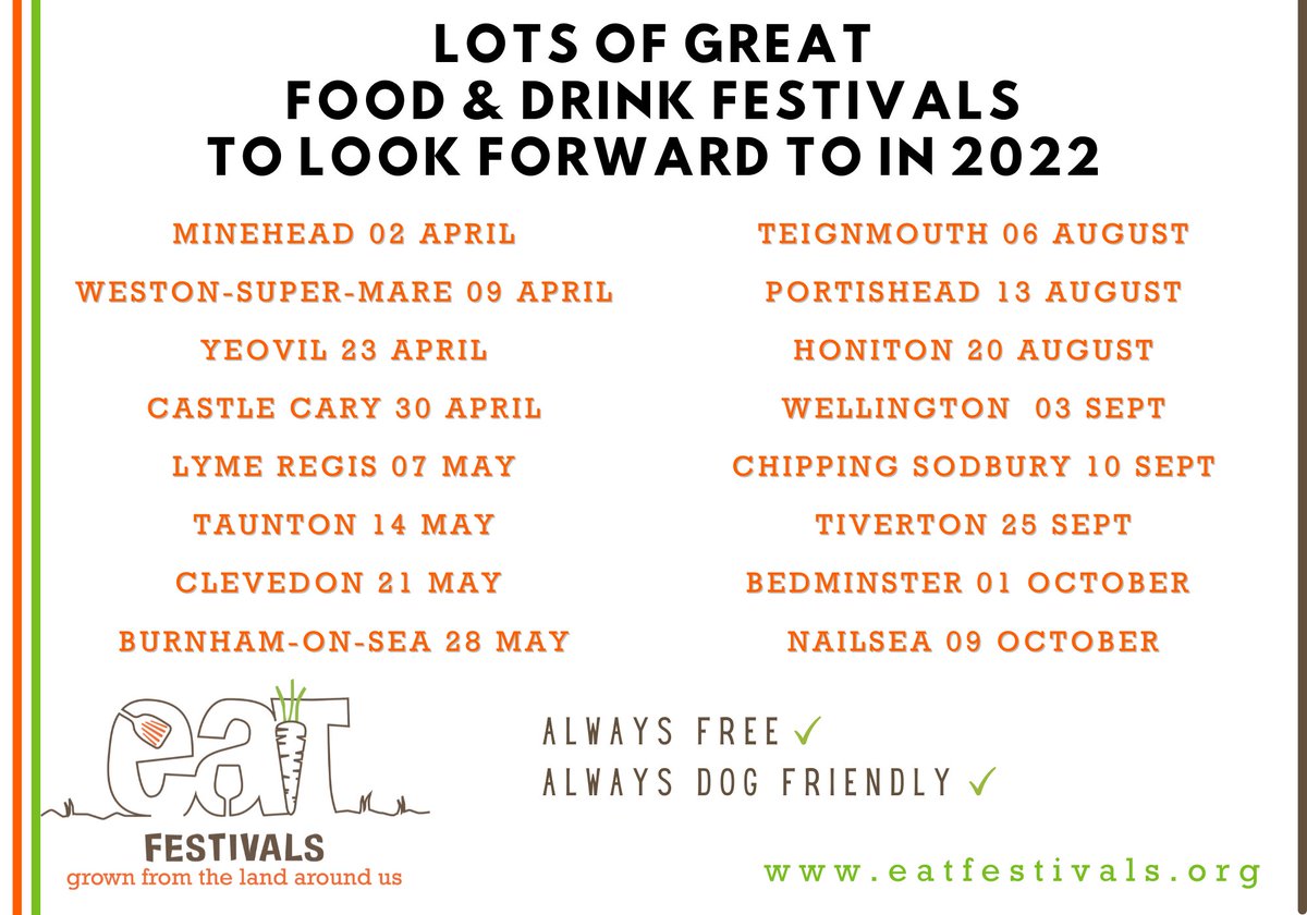 We can't wait to be back. Whoop!
Some dates for your diary - and there are more to come. Looking forward to seeing you all soon 😃🥳 
Minehead first up on Saturday 2 April 2022

See you soon 
Cheers!
#eatMinehead #eatfestivals