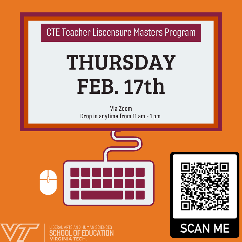 nkferand's tweet image. The CTE program in the @vatechSOE offers an accelerated 1 yr program where students can earn their initial teacher licensure and a master's degree. Drop-in via Zoom to learn more!