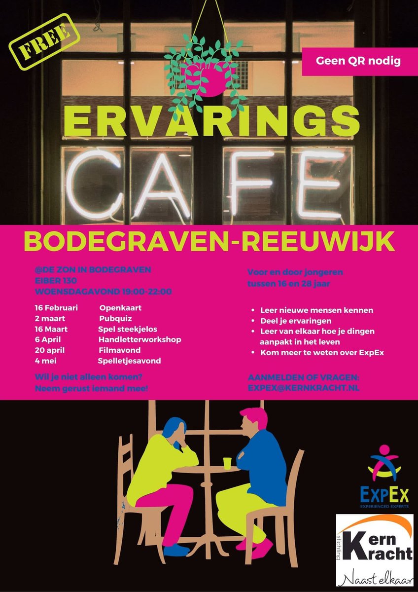 kernkracht_'s tweet photo. We organiseren ook dit jaar #ExpEx #ervaringscafes voor #jongeren in alle gemeenten in @MiddenHolland dankzij subsidie @OranjeFonds @wijzijnmind. Benieuwd wat het is? Of wil je meedenken met het programma? mail expex@kernkracht.nl #Bodegraven-#Reeuwijk 16 feb.19.00u @gem_BR https://t.co/45yWg790Ze
