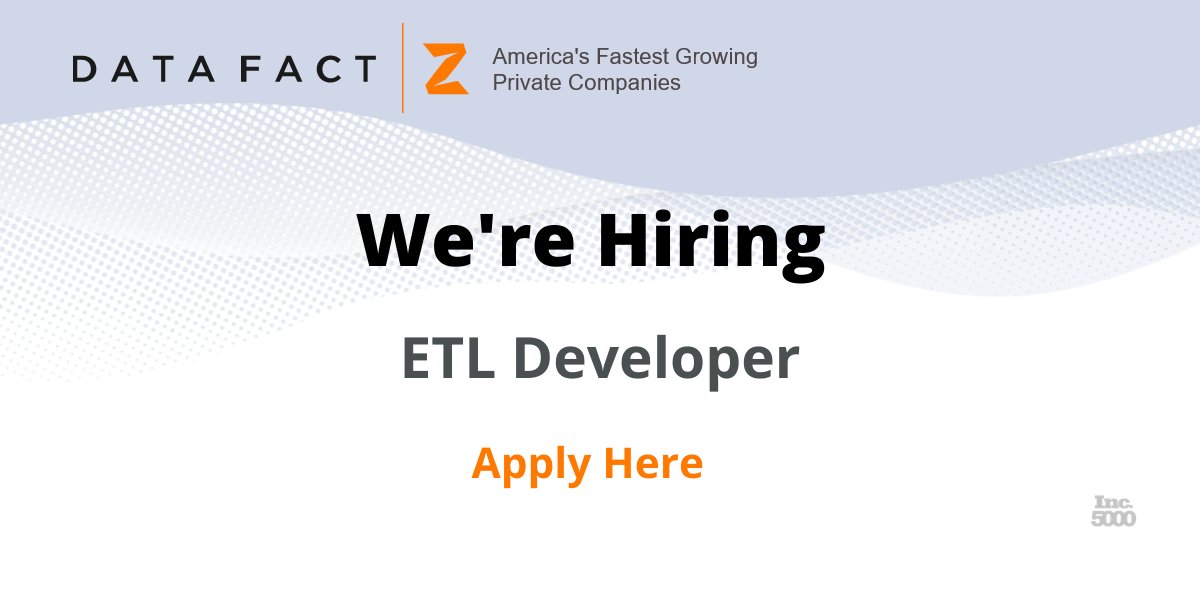 DataFactZ's tweet photo. Are you looking to grow your career in the right direction? We’re seeking an ETL Developer position who will play an integral role at #DataFactZ and ensure the success of our big data and analytics solutions.

Apply Here: https://t.co/A0fijQxZ6d

#career #analytics #etldeveloper https://t.co/vF9RPqDxEh
