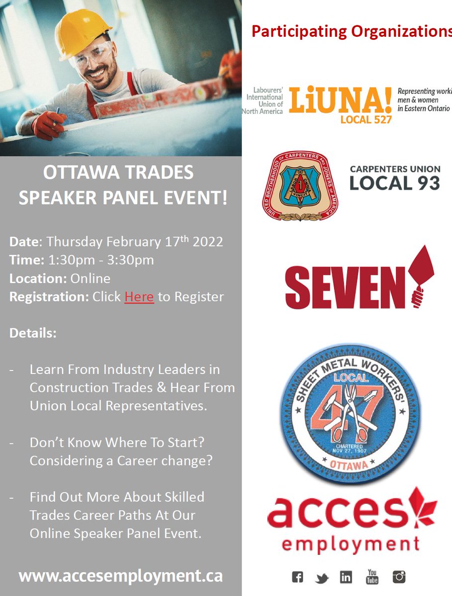 Learn about Trades in Ottawa,
Meet local representatives of different Unions,
It might be your chance to learn a trade and find a job...
To register: click on the link below!
