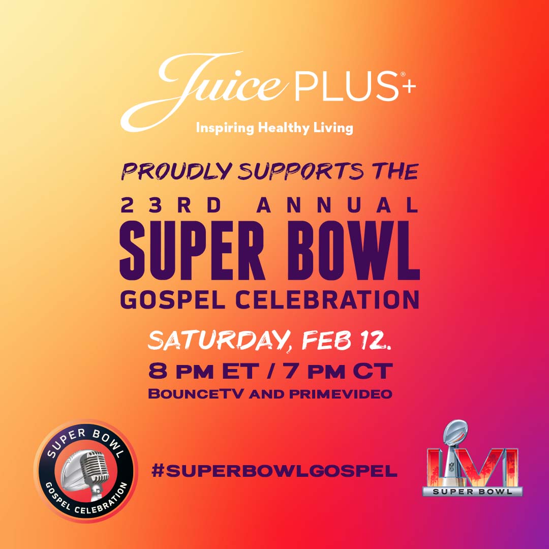juiceplus's tweet photo. 🏈🎤 We are proud to announce our sponsorship of the 23rd Annual Super Bowl Gospel Celebration happening this Saturday, February 12th at 7pm CT/8pm ET! You can watch the highly anticipated celebration on Prime Video or Bounce TV, with a late-night showing on ION Television! https://t.co/K0gzrDYs4z