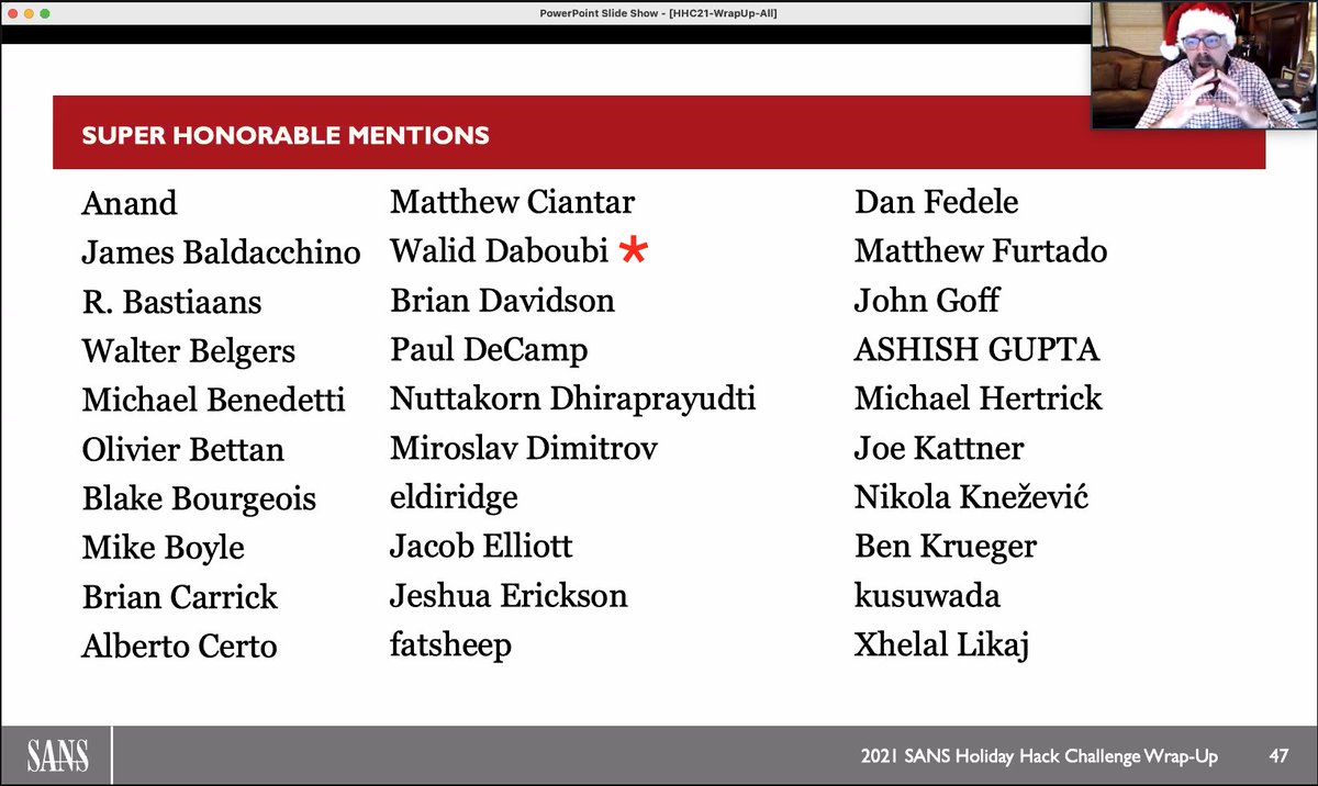 enigmater_alpha's tweet photo. 🥇proud to have received Super Honorable Mention for the 2021 #KringleCon #HolidayHackChallenge from 15k participants. Thank you @CounterHackSec team 
@edskoudis @SANSInstitute and everyone involved who hosted such an amazing event this year!
#infosec #CyberSecurity https://t.co/MpFQ49pnKu