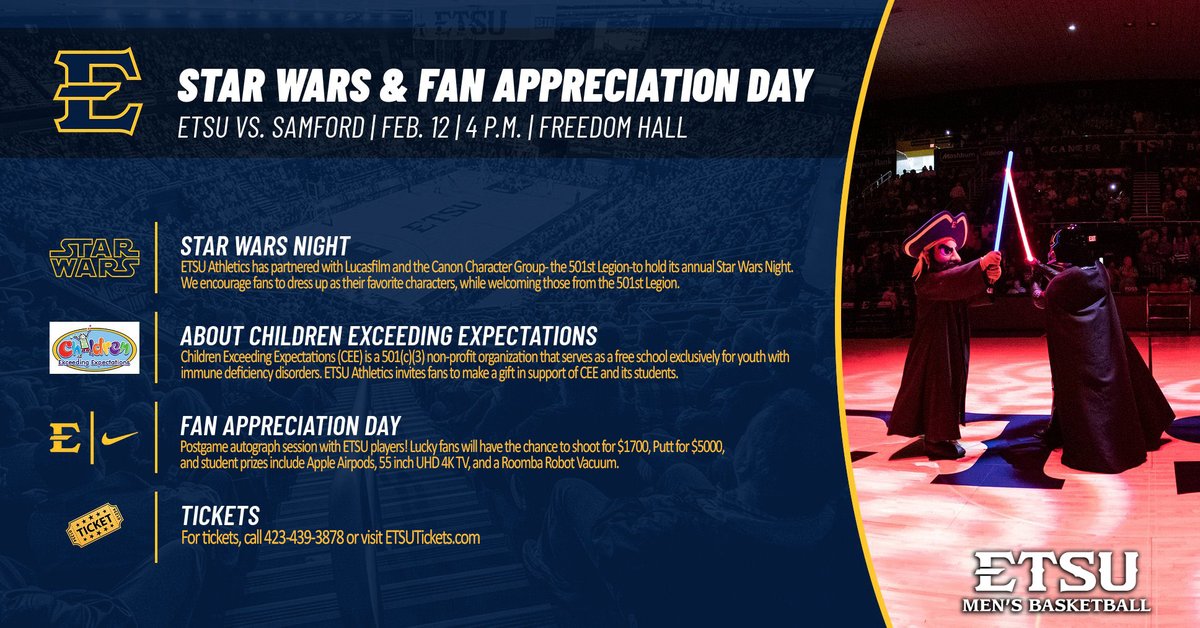 ETSU Athletics (@etsuathletics) on Twitter photo ๐ฆ๐๐ฎ๐ฟ ๐ช๐ฎ๐ฟ๐ & ๐๐ฎ๐ป ๐๐ฝ๐ฝ๐ฟ๐ฒ๐ฐ๐ถ๐ฎ๐๐ถ๐ผ๐ป ๐๐ฎ๐!
Come dressed as your favorite Star Wars character and meet those from the 501st Legion on Saturday when <a href="/ETSU_MBB/">ETSU Men's Basketball</a> hosts Samford at 4p
๐นPostgame autographs & student prizes
๐๏ธ 423-439-3878 | ETSUTickets.com ๐ฆ๐๐ฎ๐ฟ ๐ช๐ฎ๐ฟ๐ & ๐๐ฎ๐ป ๐๐ฝ๐ฝ๐ฟ๐ฒ๐ฐ๐ถ๐ฎ๐๐ถ๐ผ๐ป ๐๐ฎ๐!
Come dressed as your favorite Star Wars character and meet those from the 501st Legion on Saturday when <a href="/ETSU_MBB/">ETSU Men's Basketball</a> hosts Samford at 4p
๐นPostgame autographs & student prizes
๐๏ธ 423-439-3878 | ETSUTickets.com